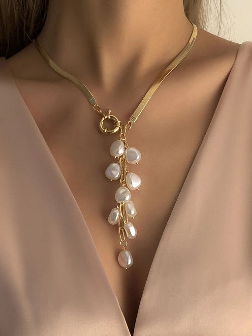 OOMPH Gold Tone Pearls Y Shape Lariat Fashion Choker for Women Stylish Latest