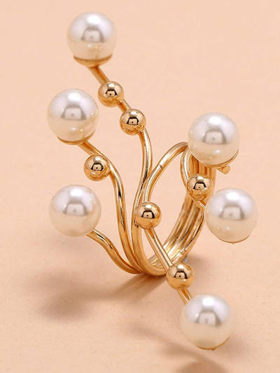 Gold Tone Big Branch Pearls Statement Ring - Open Ring Adjustable