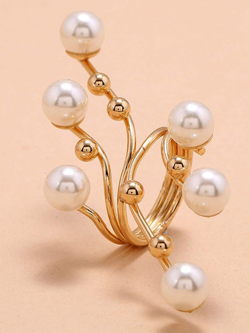 OOMPH Gold Tone Big Branch Pearls Statement Ring - Open Ring Adjustable