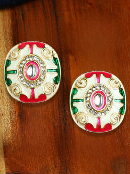 OOMPH - White and Pink- Green Meenakari Enamel Stud Earrings - Indo-Western Design