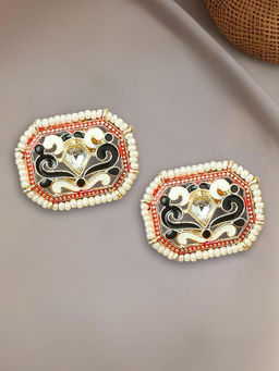 OOMPH - Navy Blue and Red Meenakari Enamel Stud Earrings - Rectangle Indo-Western Design