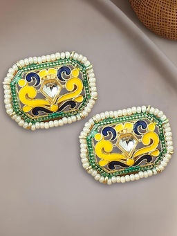 OOMPH - Yellow and Green Meenakari Enamel Stud Earrings - Rectangle Indo-Western Design