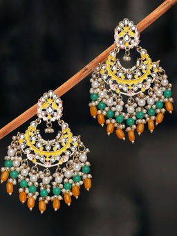 OOMPH - Yellow and Green Meenakari Chandbali Earrings with Beads and Kundan