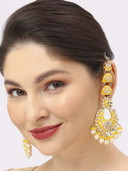 OOMPH - Yellow Meenakari and Kundan Floral Chandbali Earrings with Ear Chain