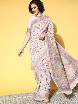 Odette - Silk Blend Cream Woven Designer Saree with Unstitched Blouse