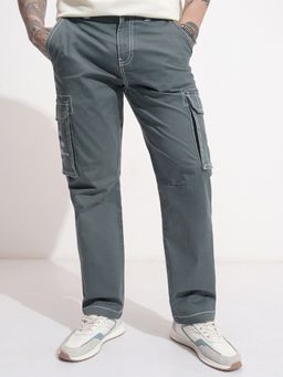 HIGHLANDER - Men Grey Solid Contrast Stitch Relaxed Cargo Pant