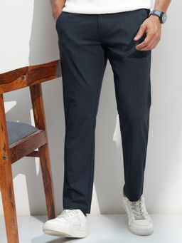 HIGHLANDER - Men Navy Blue Lycra Super Stretch Textured Checked Trouser