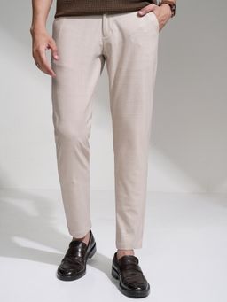 HIGHLANDER - Men Beige 4 Way Lycra Super Stretch Textured Checked Trouser
