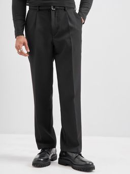 HIGHLANDER - Men Black Solid Relaxed Fit Formal Trouser with Belt