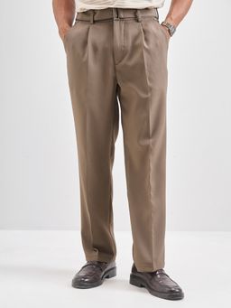 HIGHLANDER - Men Grey Solid Relaxed Fit Formal Trouser with Belt