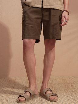 HIGHLANDER - Men Brown Premium Linen Loose Fit Cargo Shorts