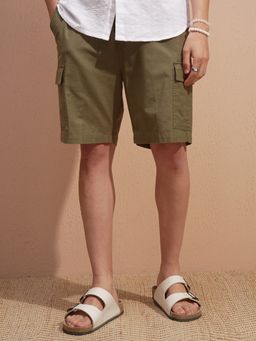 HIGHLANDER - Men Olive Premium Linen Loose Fit Cargo Shorts