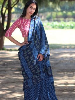 Chidiyaa - Blue Check And Floral Hand Blockprinted Cotton Mul Saree