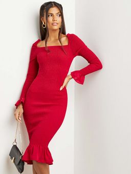 Styli - Burgundy Square Neck Shirred Bodycon Midi Dress