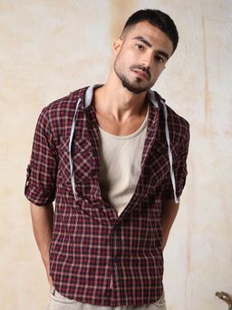 High Star - Men Regular Fit Spread Collar Tartan Checked Cotton Hooded Casual Shirt