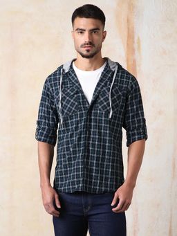 High Star - Men Regular Fit Spread Collar Tartan Checked Cotton Hooded Casual Shirt