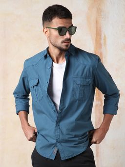 High Star - Men Regular Fit Utility Heavy Washed Spread Collar Solid Cotton Casual Shirt