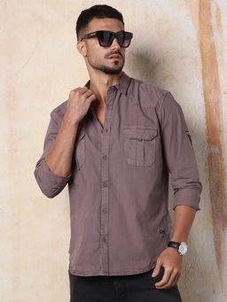 High Star - Men Regular Fit Utility Heavy Washed Spread Collar Solid Cotton Casual Shirt