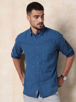 High Star - Men Regular Fit Utility Heavy Washed Spread Collar Solid Cotton Casual Shirt