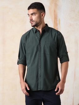 High Star - Men Regular Fit Utility Heavy Washed Spread Collar Solid Cotton Casual Shirt