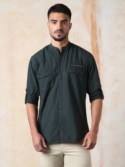 High Star - Men Regular Fit Utility Heavy Washed Spread Collar Solid Cotton Casual Shirt