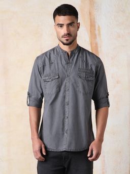 High Star - Men Regular Fit Utility Heavy Washed Spread Collar Solid Cotton Casual Shirt