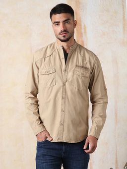 High Star - Men Regular Fit Utility Heavy Washed Spread Collar Solid Cotton Casual Shirt