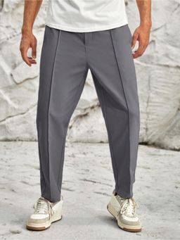 Off Duty India - Mens Charcoal Polyester Solid Straight Fit Pant