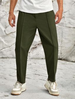 Off Duty India - Men Olive Polyester Solid Straight Fit Pant