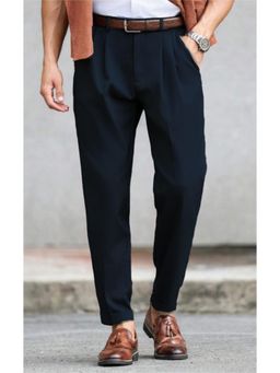 Off Duty India - Men Navy Blue Silk Solid Tapered Fit Pant