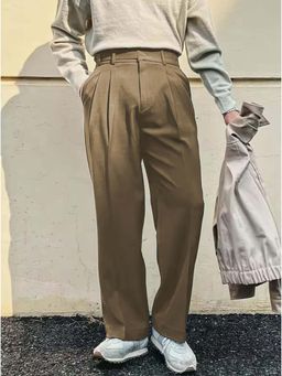 Off Duty India - Men Tan Polyester Solid Straight Fit Pant