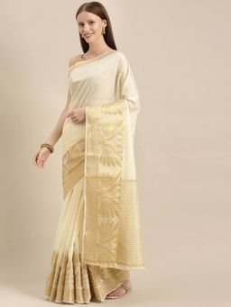 Mimosa - Off White Color Linen Blend Kasavu Saree With Unstitched Blouse