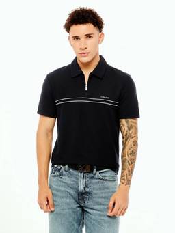 Calvin Klein - Men's Black Striped Straight Fit Cotton Polo T-Shirt