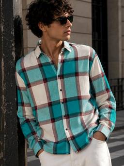 CAHOOT - Men Teal Tartan Check Regular Fit Full Sleeve Casual Shirt