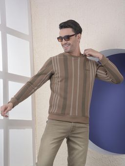 CRIMSOUNE CLUB - Men Brown Vertical Striped Round Neck Sweatshirt