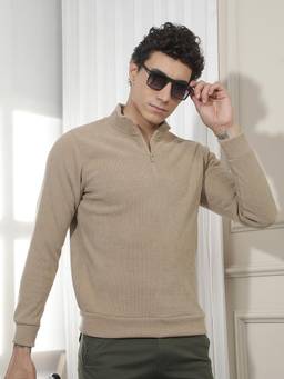 CRIMSOUNE CLUB - Men Beige Jacquard High Neck Sweatshirt
