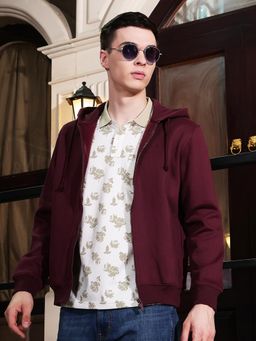 CRIMSOUNE CLUB - Men Maroon Hooded Neck Front Open Sweatshirt