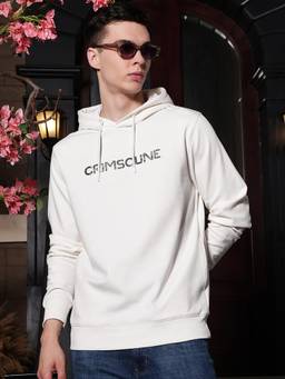 CRIMSOUNE CLUB - Men Off White Typographic Printed Hooded Sweatshirt