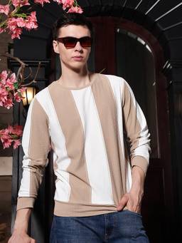 CRIMSOUNE CLUB - Men Beige Vertical Striped Sweatshirt