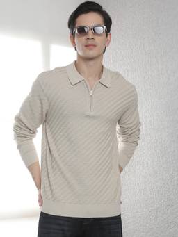 CRIMSOUNE CLUB - Men's Beige 100% Cotton Knitted Polo Neck Sweater