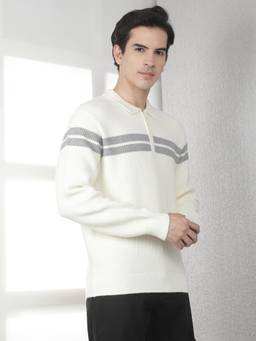 CRIMSOUNE CLUB - Men's Off White Horizontal Stripes Knitted Polo Sweater