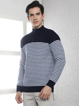 CRIMSOUNE CLUB - Men's Navy Blue Horizontal Stripes High Neck Sweater