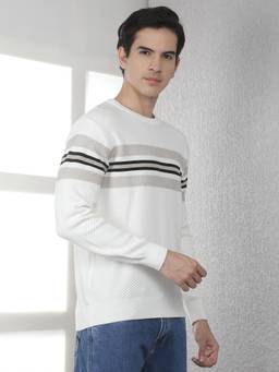 CRIMSOUNE CLUB - Men's Off White 100% Cotton Horizontal Stripes Round Neck Sweater