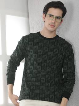 CRIMSOUNE CLUB - Men's Green 100% Cotton Jacquard Round Neck Sweater