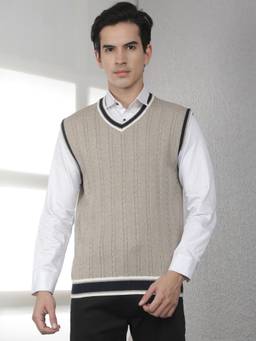 CRIMSOUNE CLUB - Men's Beige Jacquard V-Neck Sleeveless Sweater
