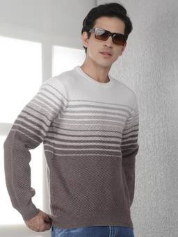CRIMSOUNE CLUB - Men's Brown Horizontal Stripes Round Neck Sweater