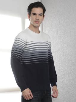 CRIMSOUNE CLUB - Men's Navy Blue Horizontal Stripes Round Neck Sweater