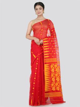 PinkLoom - Women's Soft Cotton Jamdani Saree Without Blouse Piece, Red