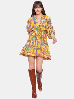 CINCIN Fashion - Yellow Colour Print V Neck Dress