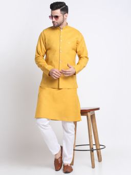 Kraft India - Men Yellow Kurta & White Pyjama with Embroidered Sequined Nehru Jacket (Set of 3)